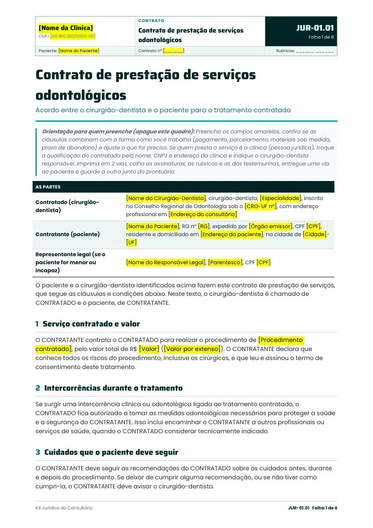 Folha 1 do contrato de prestação de serviços odontológicos, JUR-01.01