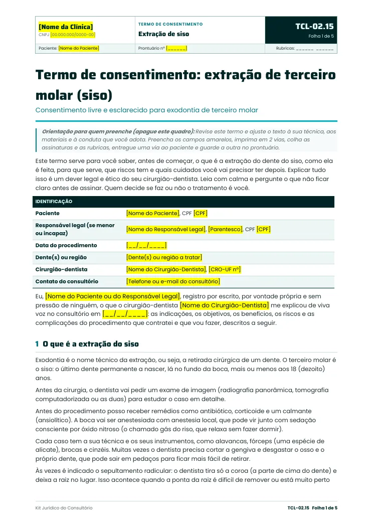 Folha 1 do termo de consentimento para extração de siso, TCL-02.15