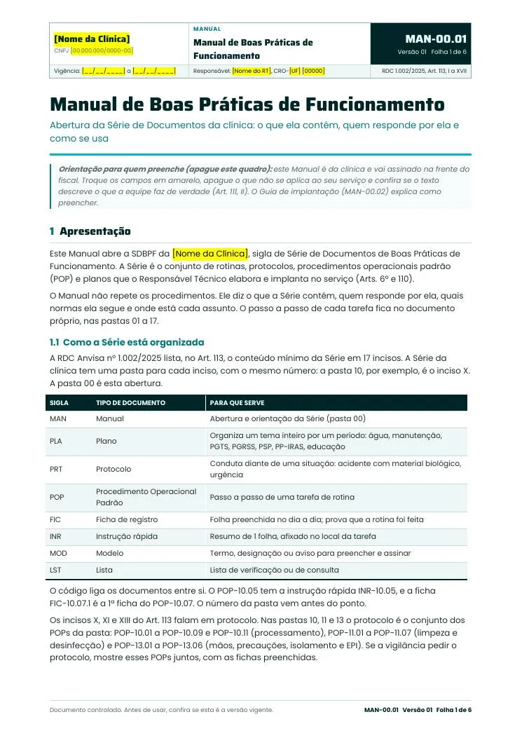 Folha 1 do Manual de Boas Práticas de Funcionamento, MAN-00.01