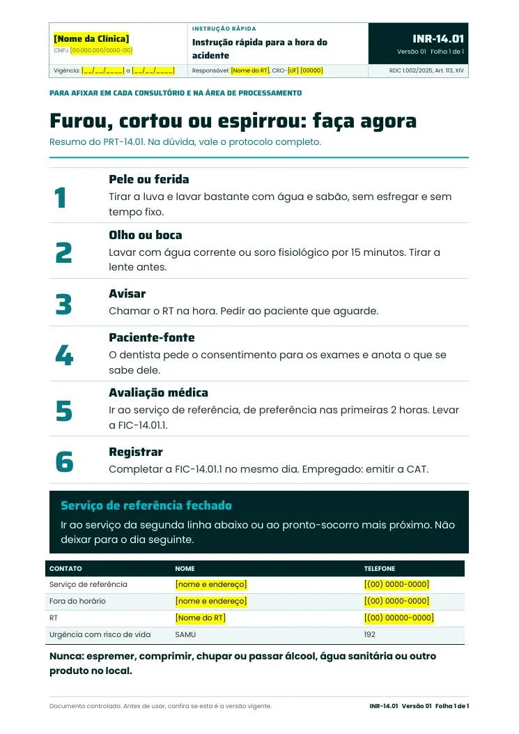 Instrução rápida INR-14.01 para a hora do acidente com material biológico