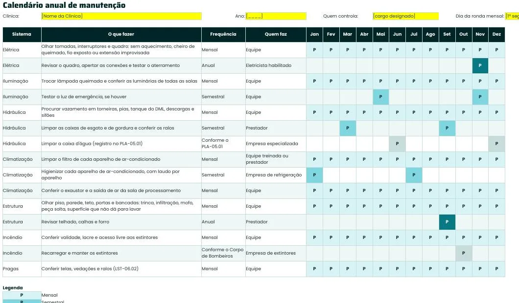 Planilha PLA-07.01 com o calendário anual de manutenção