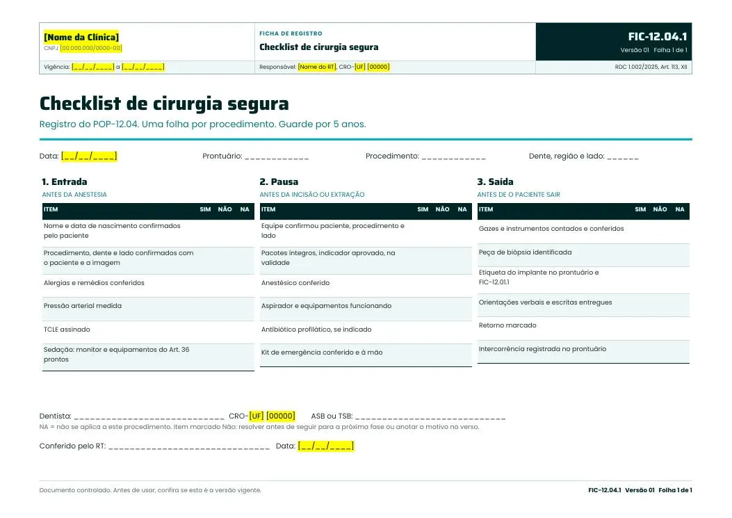 Ficha FIC-12.04.1 Checklist de cirurgia segura